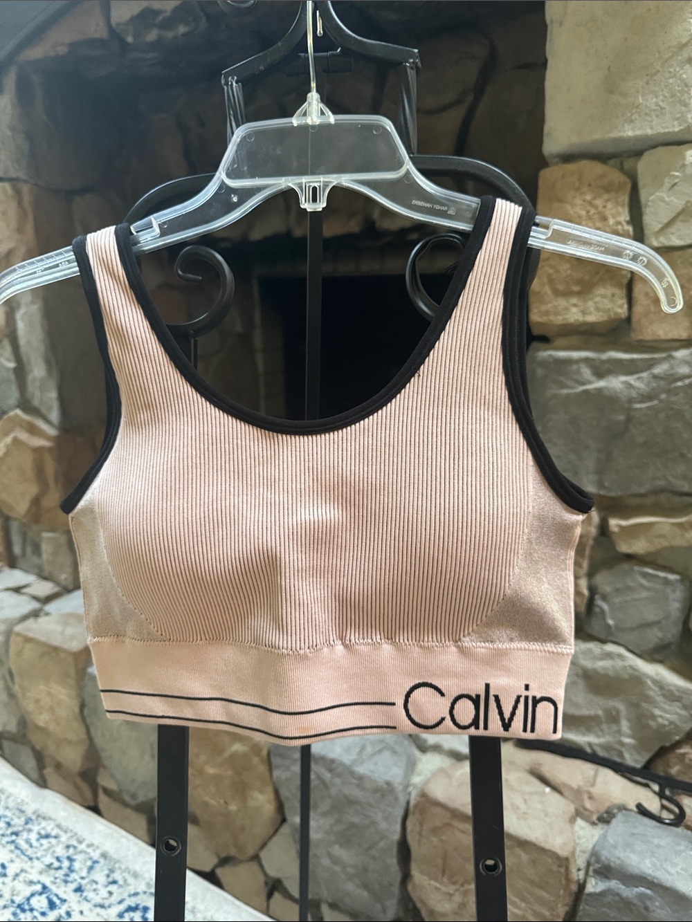 Calvin Klein Blush Pink Ribbed Seamless Sports Bralette with Black Trim